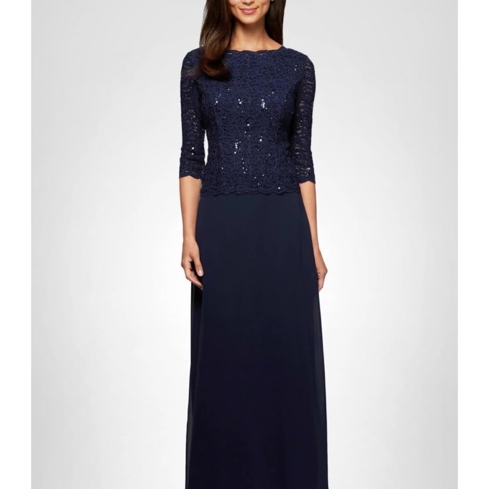 Alex Evenings Navy 3/4 Sleeve Stretch Lace Bodice Mock One Piece Gown, 12P NWT